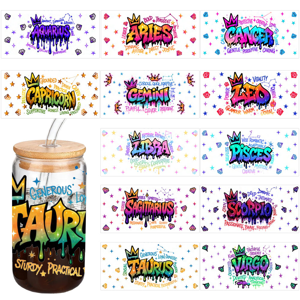 Wholesale 12pcs/5pcs Laser Twelve Zodiac Signs 16oz Holographic Single-Sided Cup Stickers